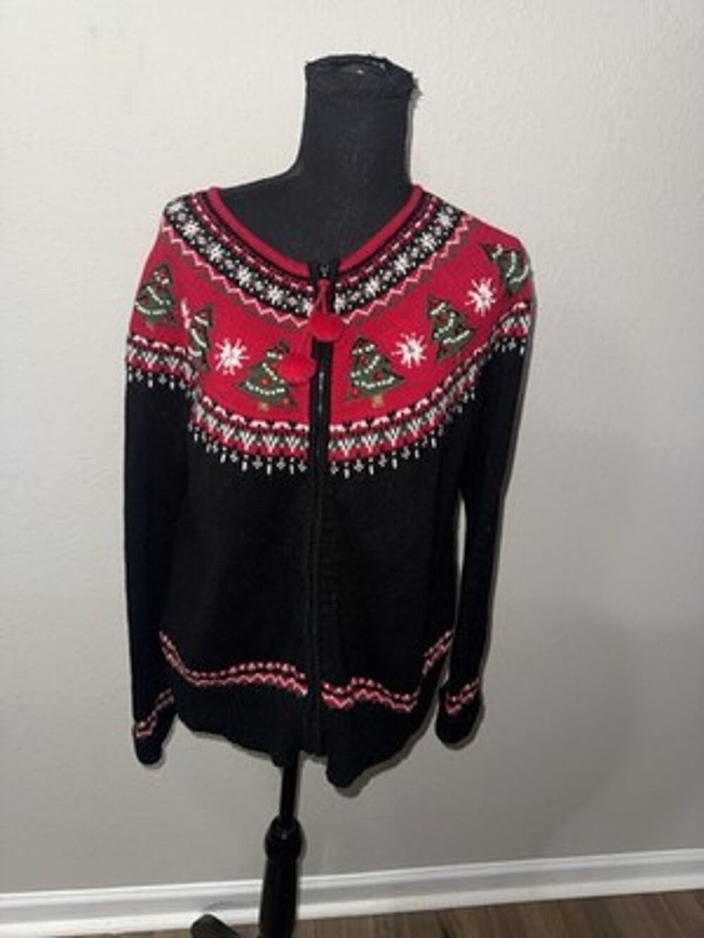 Vintage Tiara International Christmas Sweater Large Black Red Tree Zip Cardigan